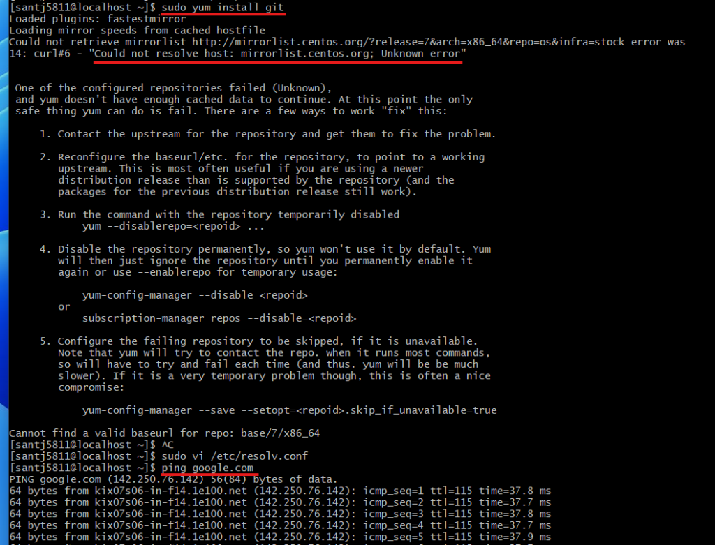 yum update, yum install git 오류 상황
