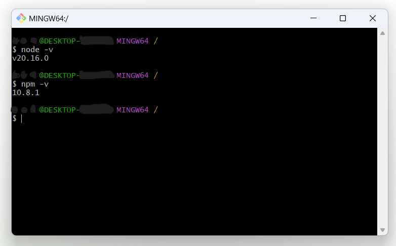 nodejs 와 npm 이 설치가 잘 되었는지 확인 할 수 있는 버전 확인 명령어 입력 화면, git bash 활용