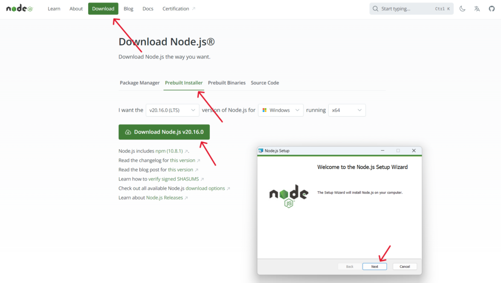 nodejs 공식 홈페이지에서 installer 를 다운로드 받는 화면