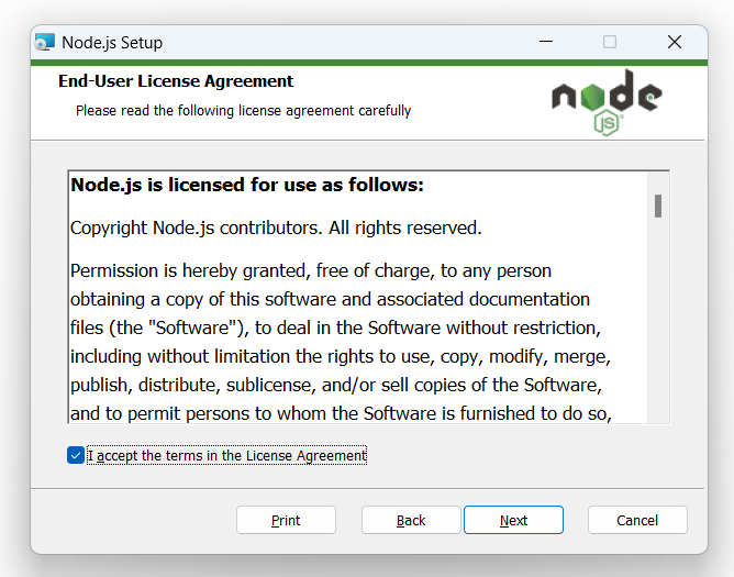 nodejs 인스톨러를 실행하고 라이센스 동의서가 보이는 화면