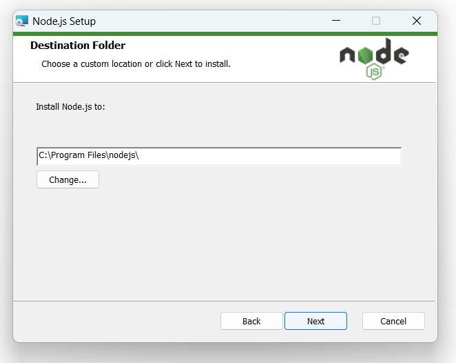 nodejs 설치 프로그램에서 설치 위치를 설정하는 화면