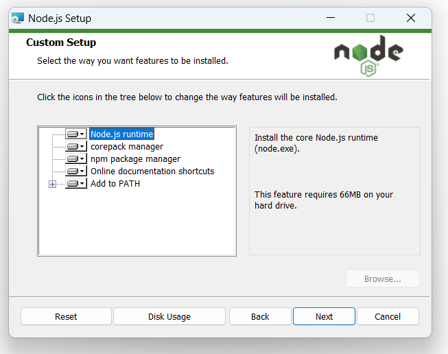 nodejs 설치 과정 중 Custom Setup 을 설정할 수 있는 화면