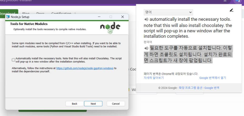 Nodejs 설치 과정 중 필요한 도구를 자동 설치 할지 여부를 결정하는 화면, 체크박스 체크시 Chocolatey 와 같은 패키지도 설치가 된다고 함