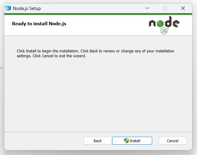 nodejs 를 설치 할지 말지 최종 확인 하는 화면