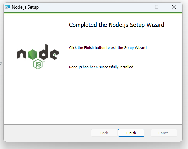 nodejs 설치가 완료된 화면
